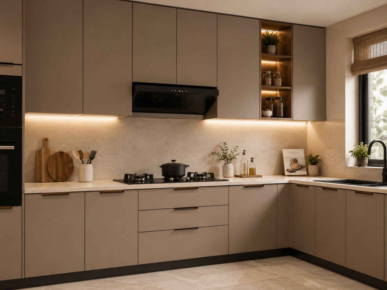 Contemporary Luxury styled interior with fluted wood panels and ambient lighting
